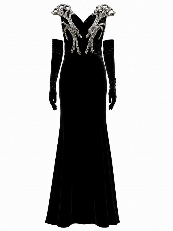 【新品DRESS 1349】ビジューショルダープレートグローブ付きマーメイドロングドレス ブラック
